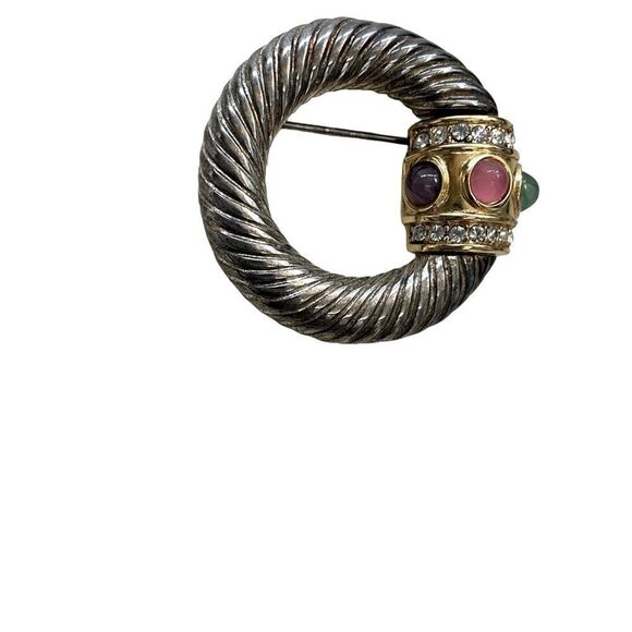 Vintage Givenchy Brooch Silvertone With Rhinestones Colored Glass Cabochons - Picture 1 of 5